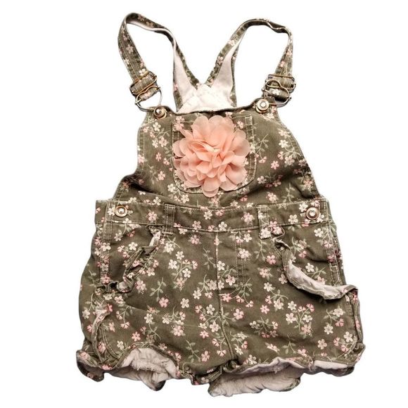 unbranded Other - Adorable Green Pink Flowers Heart Ruffled Shorts Overalls sz 5